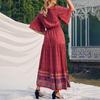 Summer Vacation Bohemian Dress Ethnic Style Patchwork A Line Maxi Dress Elastic Waist V Neck Short Sleeves Women Beach Dress Printing