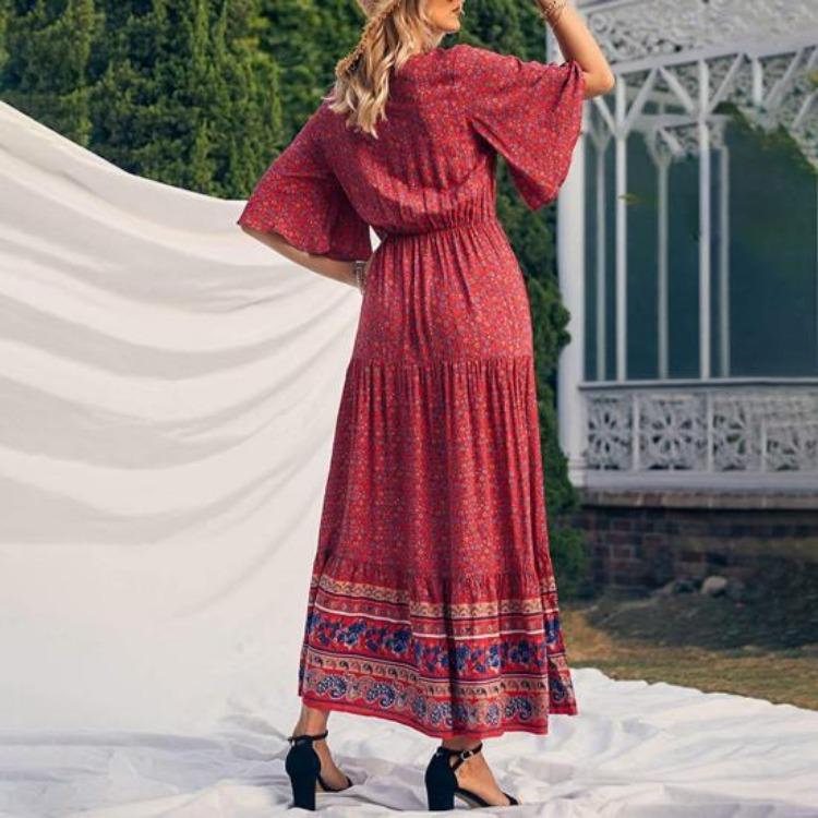 Summer Vacation Bohemian Dress Ethnic Style Patchwork A Line Maxi Dress Elastic Waist V Neck Short Sleeves Women Beach Dress Printing