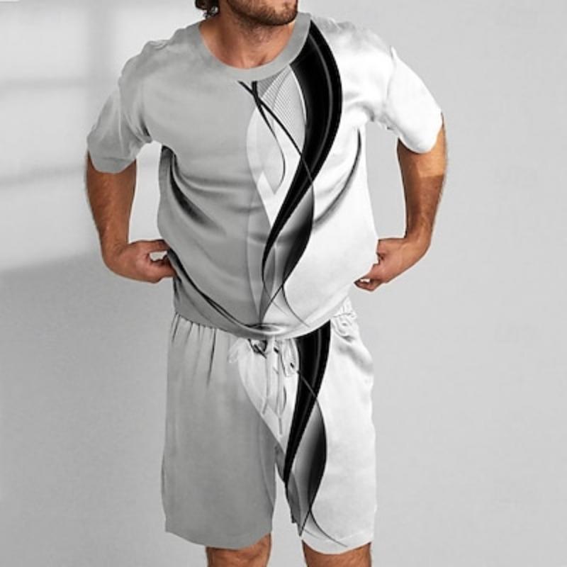 

Мужские комплекты из 2 футболок с геометрическим узором, летние топы с коротким рукавом, короткие брюки, спортивная повседневная одежда для отдыха на природе, 3D-принт, лето XL