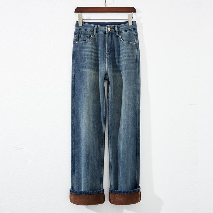 

Dark Blue Fleece-Lined Wide-Leg Jeans for Women - Autumn/Winter 2025, Pear-Shaped Figure, Straight Leg XL