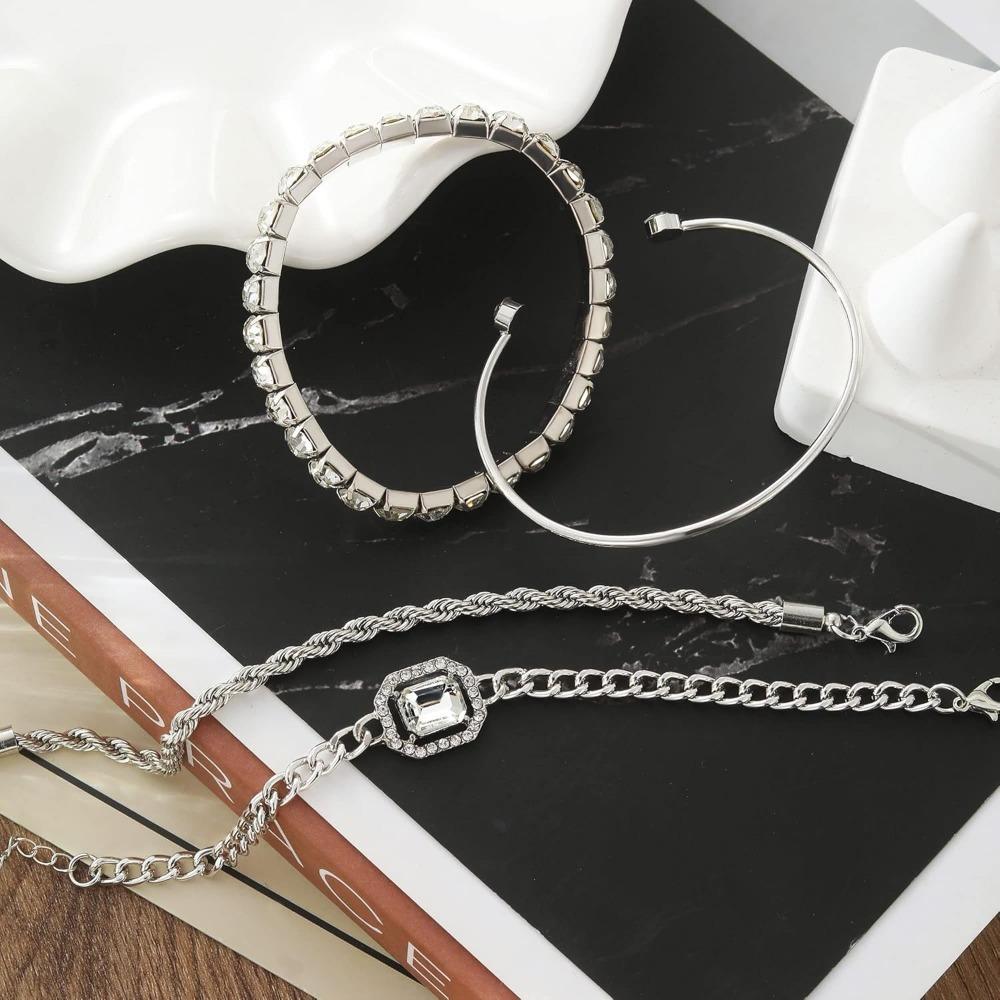 4Exquisite gold and silver bracelet set for women, with cubic zirconia inlay, layered chains, adjustable trendy jewelry