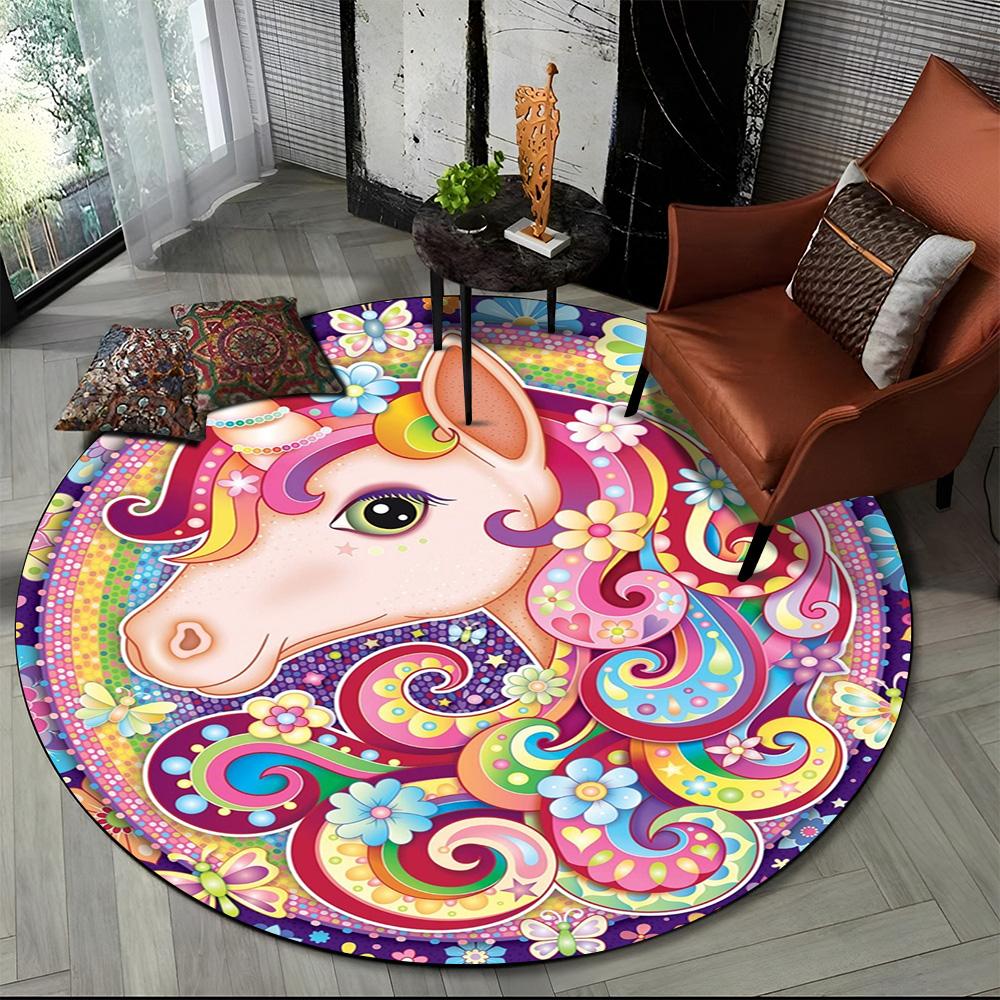 Unicorn Cartoon Animal Round Carpet Rug for Living Room Children's Bedroom Sofa Decor,Kid Paly Game Area Rug Non-slip Floor Mat