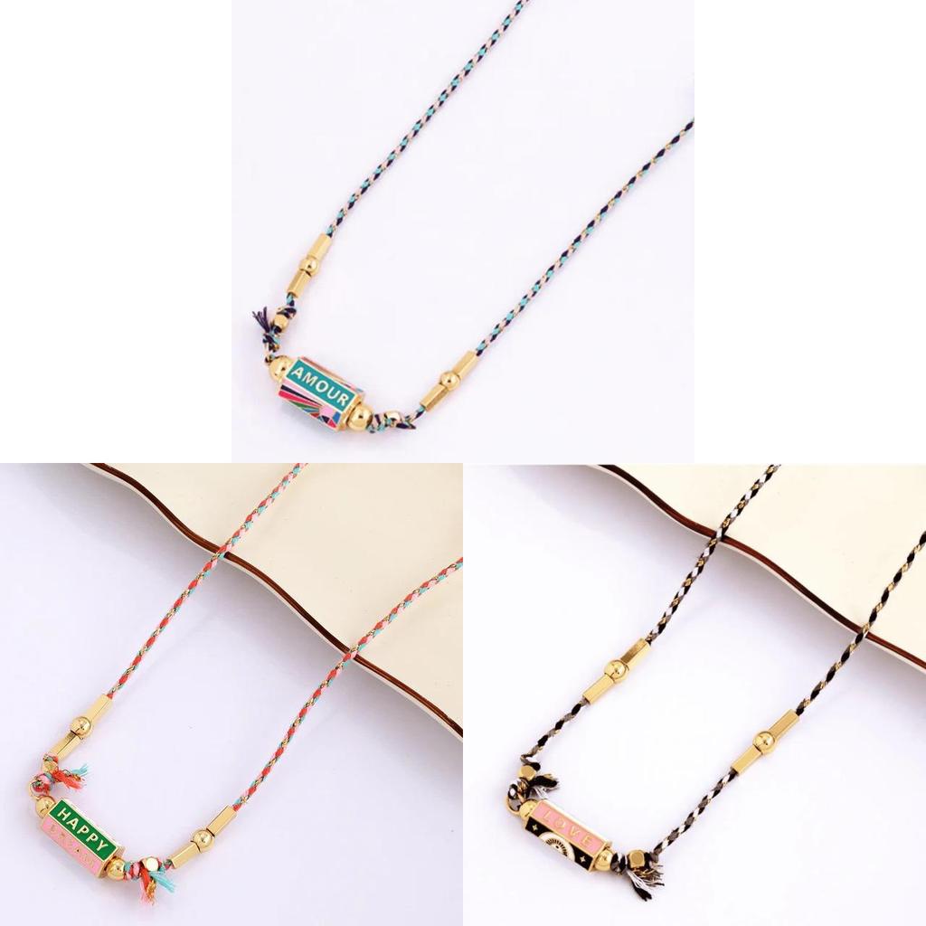 Vintage Graffiti Alphabet Necklace For Women With Copper Geometric Pendant And Colorful Cord