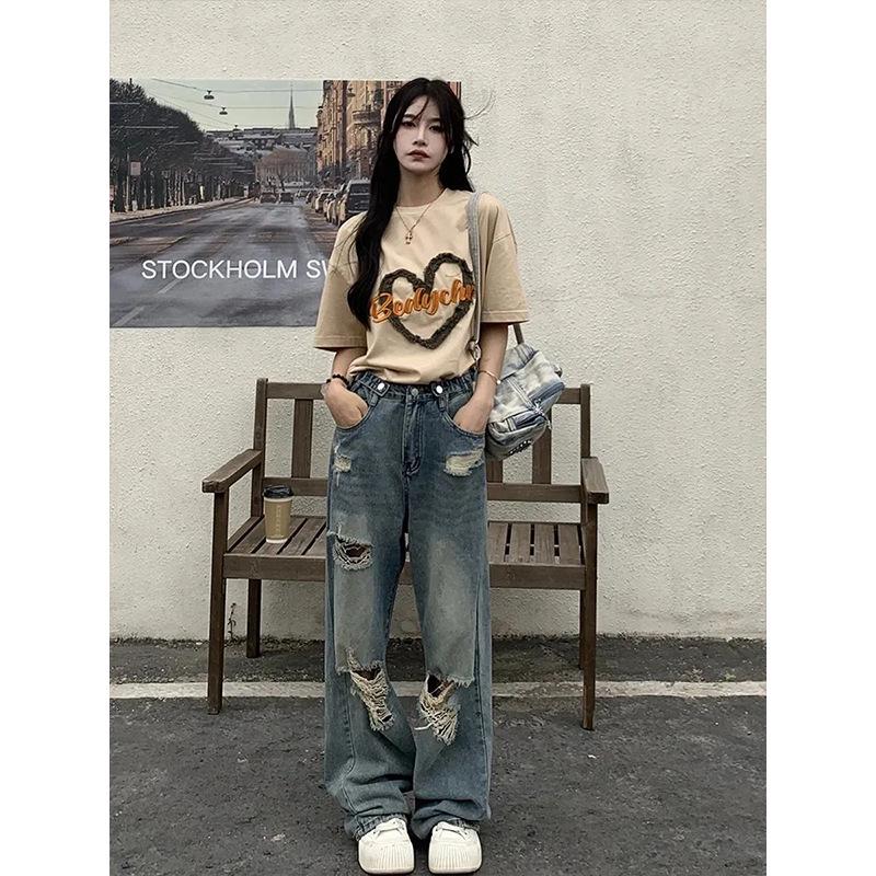 Plus Size Ripped High-Waist Loose Jeans for Women - Summer Slimming Wide Leg Floor-Length