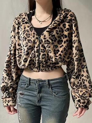 Leopard Print Zip-up Hooded Jacket, Long-sleeved Plush Sweatshirt Coat, Women's