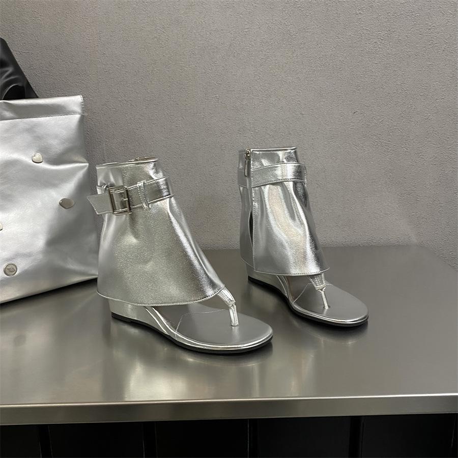 2025 new round head side zipper personalized toe wedge heel belt buckle high heel cool boots herringbone Roman sandals women's shoes