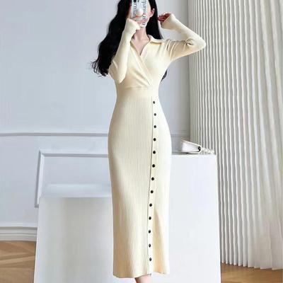 French Vintage POLO Knitted Sweater Dress Women Autumn/Winter Solid Long Sleeve Mid Length Sweater Dress Pullover Female