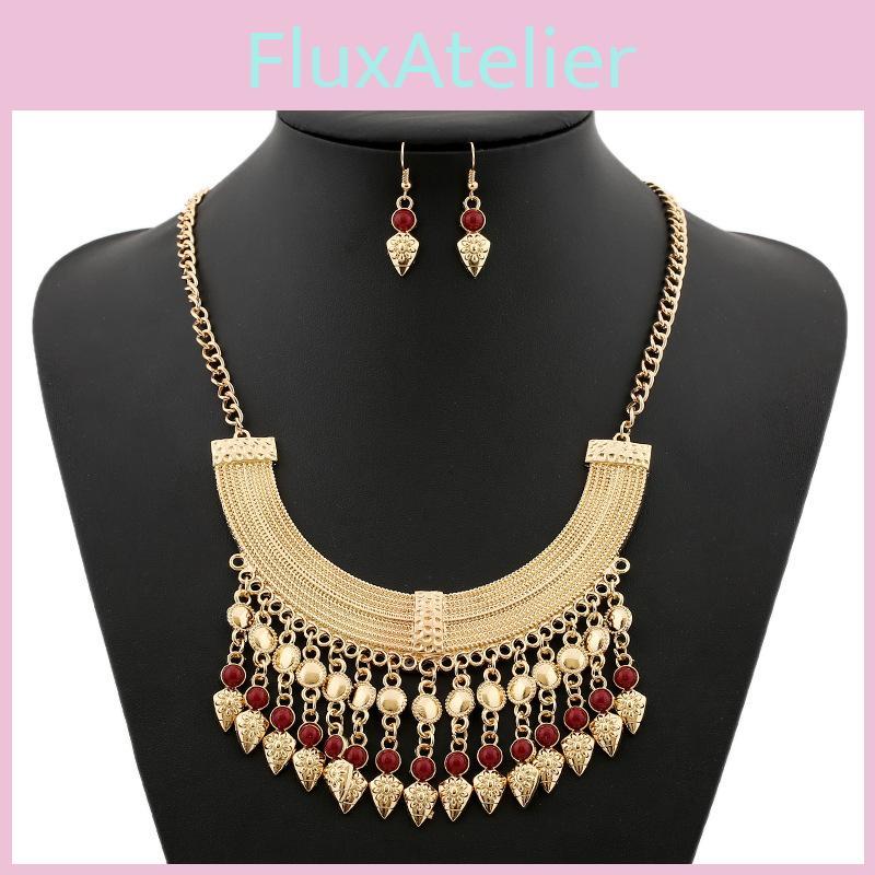 Necklace Fashion Tassel Eardrop Set With Layered Chain And Gemstone Details