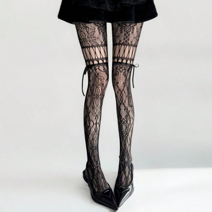 Retro Frühling und Sommer Hohl Spitze Schleife Netz Damen Socken Lange Röhrensocken Spicy Girl Jahrtausend Stil Strumpfhosen Seilnetz Strümpfe one size gray
