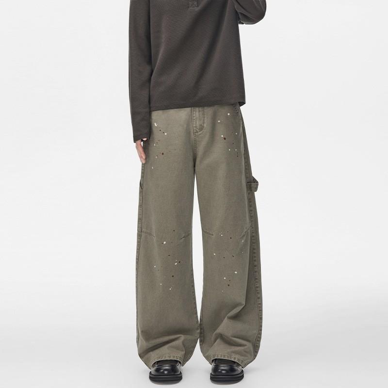 Mens Oversized Washed Cotton Cargo Pants With Splatter Print Straight Fit Loose Workwear Trousers Casual Wear