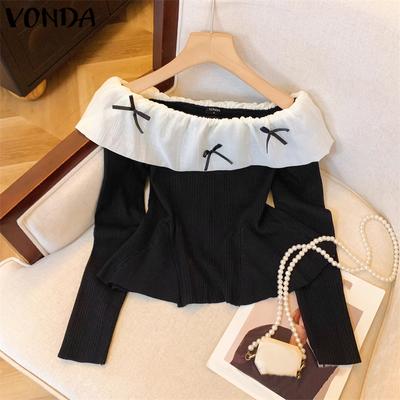 Women Summer Contrast Color Off Shoulder Long Sleeve Tie Blouses