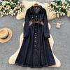 French retro light and mature style high-end metal buckle lapel long sleeve single-breasted buckle strap waist denim dress women