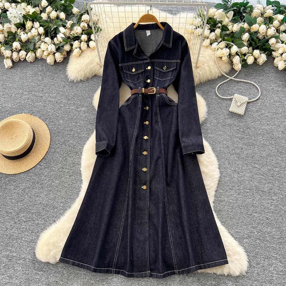 French retro light and mature style high-end metal buckle lapel long sleeve single-breasted buckle strap waist denim dress women