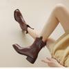 Brown Soft Leather Coarse Heel Western Cowboy Boots Women's Autumn and Winter New Medium Heel Medium Boots Boots Fleece Fashion Boots