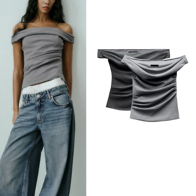 Spring New Arrival Women's French-Style off-Neck Open Back Dress Silm Ruched Design Tops 8236565