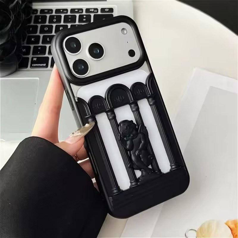 Luxury Angels Matte Shockproof Case for iPhone 17 Air 16 15 14 13 12 Pro Max Hollow Roman Column Little Angel Frosted Cover