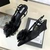 2025 Luxury Designer Elegant Sandals Woman Summer Flower Buckle Strap Pumps Women Sexy Pointed Toe Wedge Heels Fashion Mule Shoe