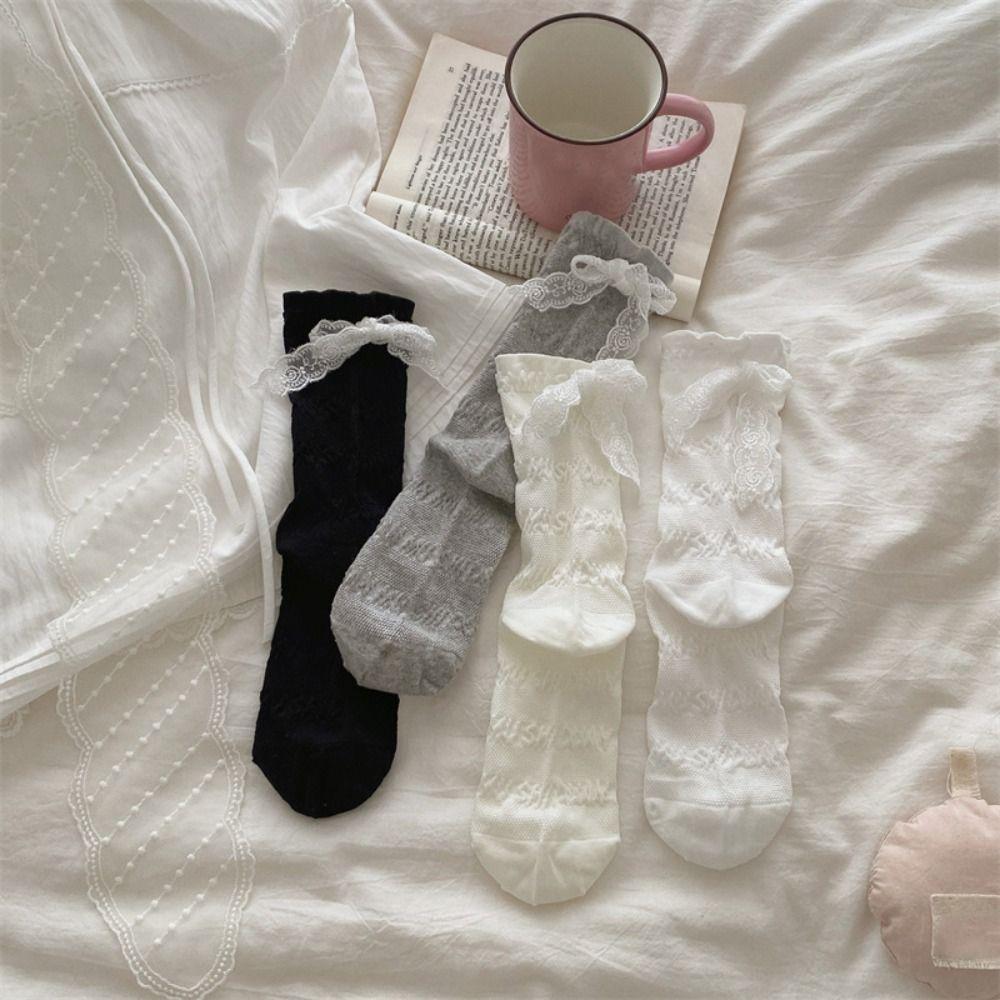 3Pairs Ruffle Mid Tube Socks Ins Style Sweet Socks Women Soft Lace Bow Socks  Lady
