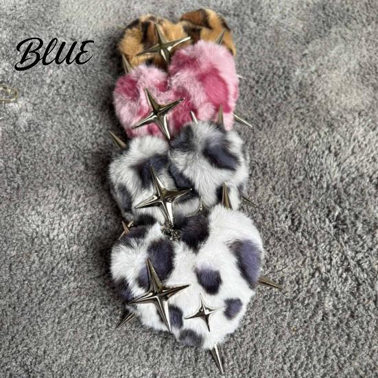 Bag Accessory Plush Leopard Love Heart Keychain Stuffed Keyring Pendant with Metal Star Punk Backpacks Decorative Keychain