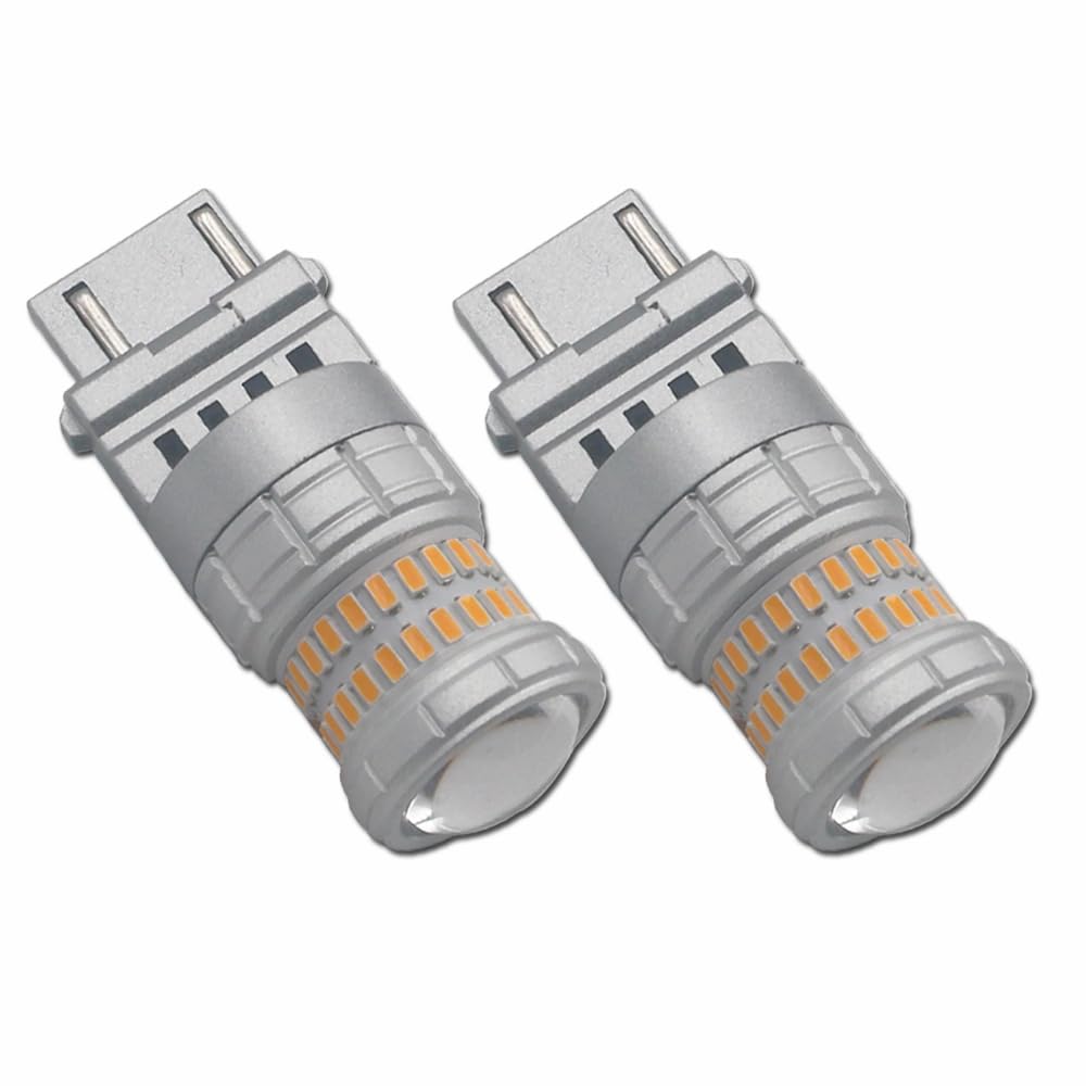 

Eseastar 3157 T25 LED Двойной указатель поворота Гипервспышка Нет Супер Техосмотр Упаковка из 2 ламп P27/7W, Предотвращение, Мигание, Янтарный, Яркий, 12В-24В,