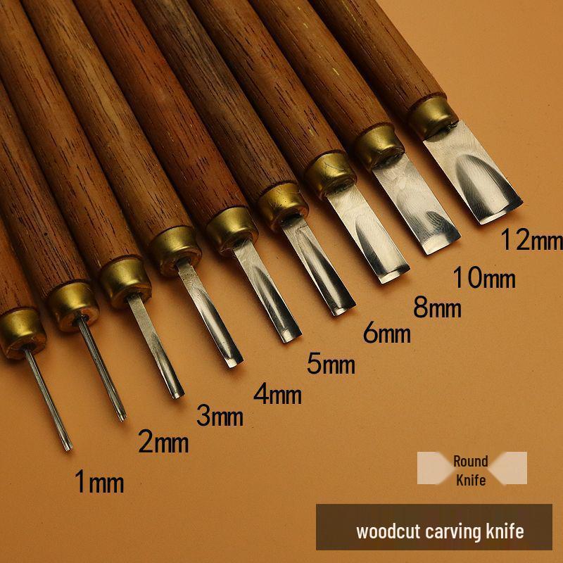 Set cuțit de sculptură în lemn: Lame plate, rotunde, bizotate pentru gravură manuală pe bloc de lemn