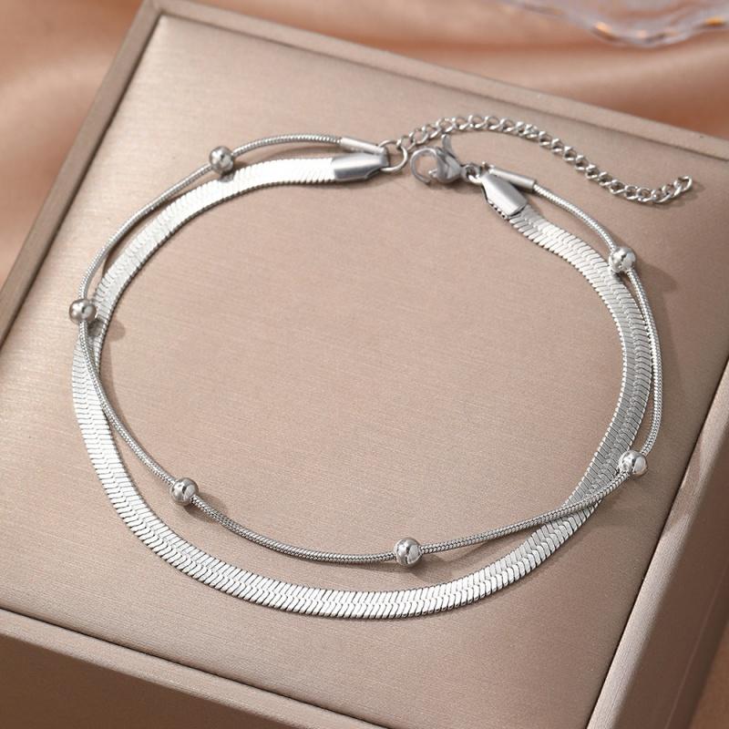Stainless Steel Waterproof Double-Layer Snake Bone Bead Chain Anklet for Women Fashion Simple Adjustable Anklet Jewelry Gift