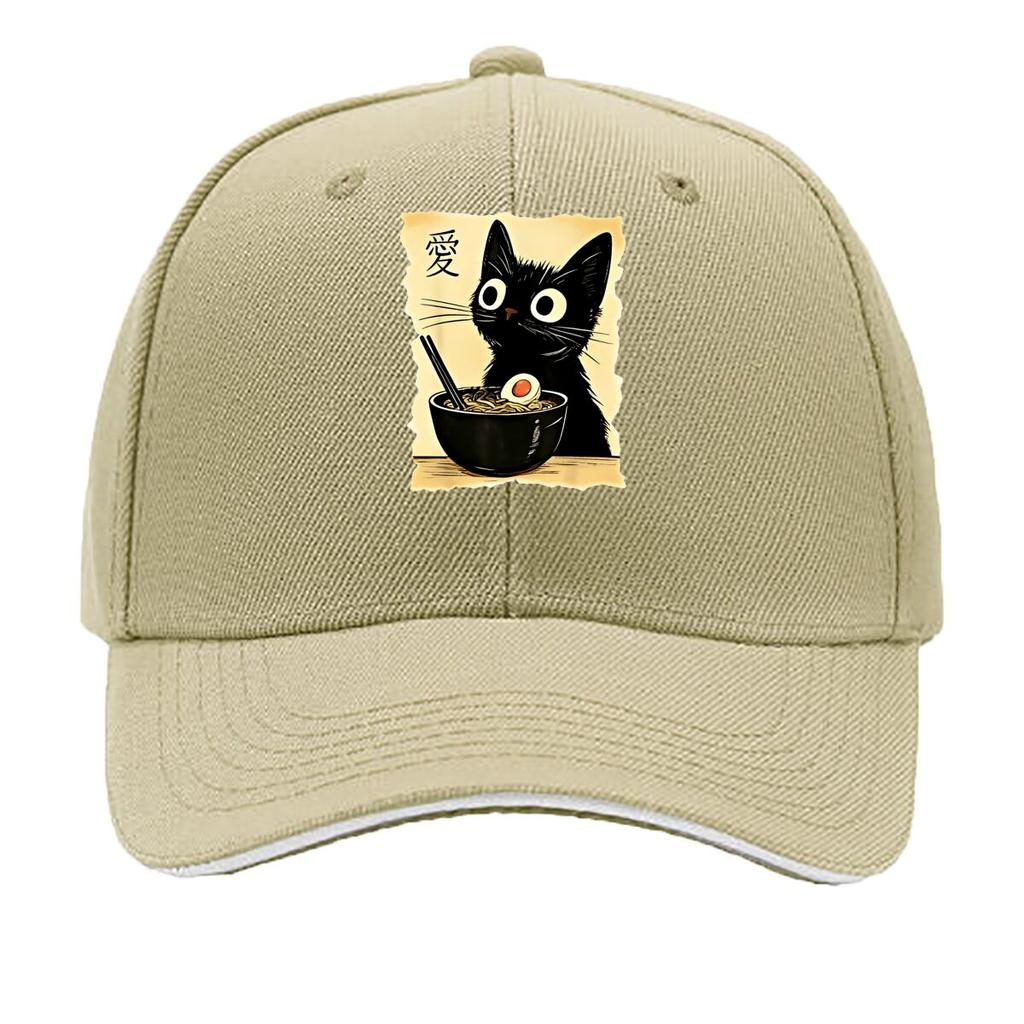 One Fashionable Printed Cartoon Cat Noodles Pattern Summer Curved Brim Cap Trendy Daily Wear Duckb Sandwich Baseball Cap