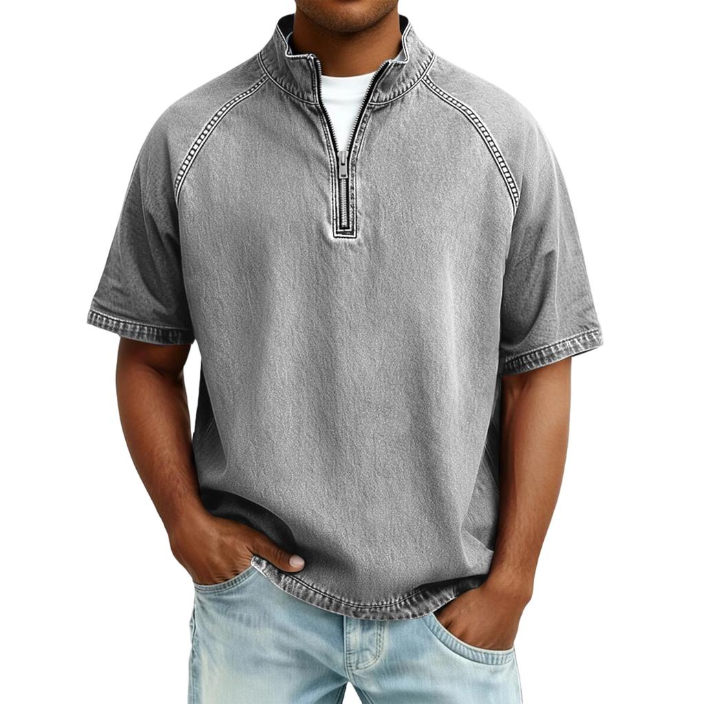 Pánské Bavlna Prané Tričko Top Krátký Rukáv Stojáček