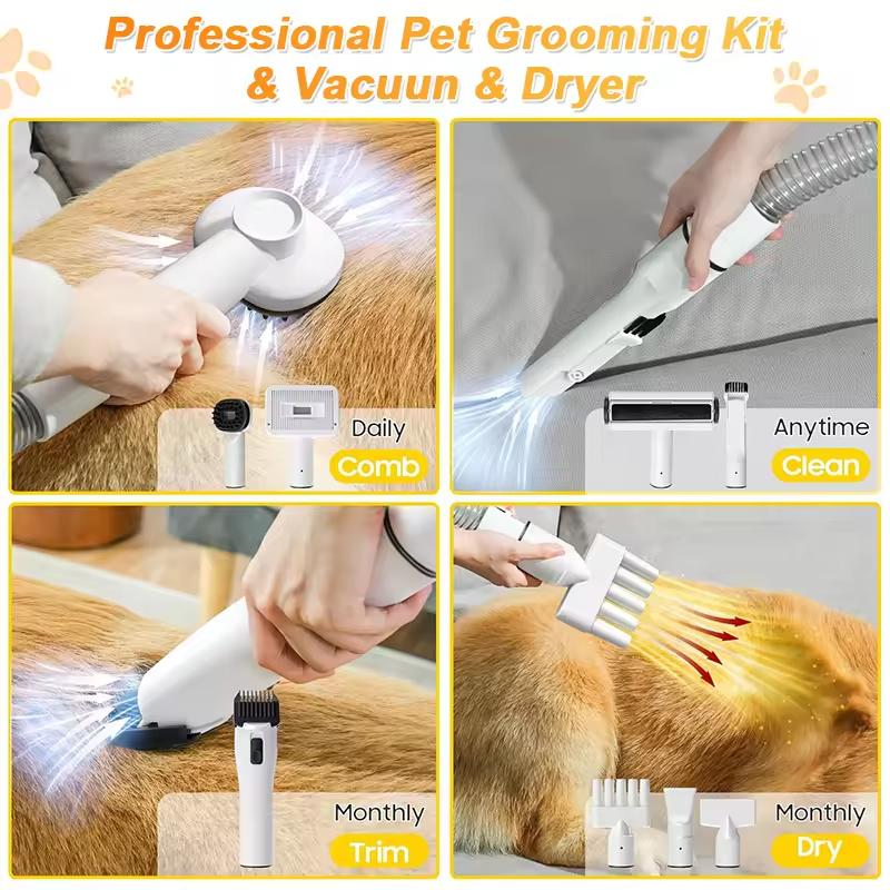 Dog Grooming Kit Pet Hair Dryer Dog Electric Clippers 9-in-1 Low Noise Adjustable Airflow Cat Vacuum Cleaner Cat Grooming Brush