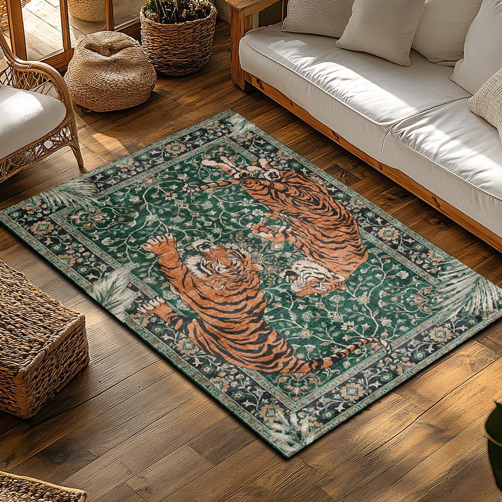 Green Tiger Pattern Bohemian Rug, Orange Animal Print Non-Slip Carpet, Jungle Theme Living Room Mat for Nature Decor
