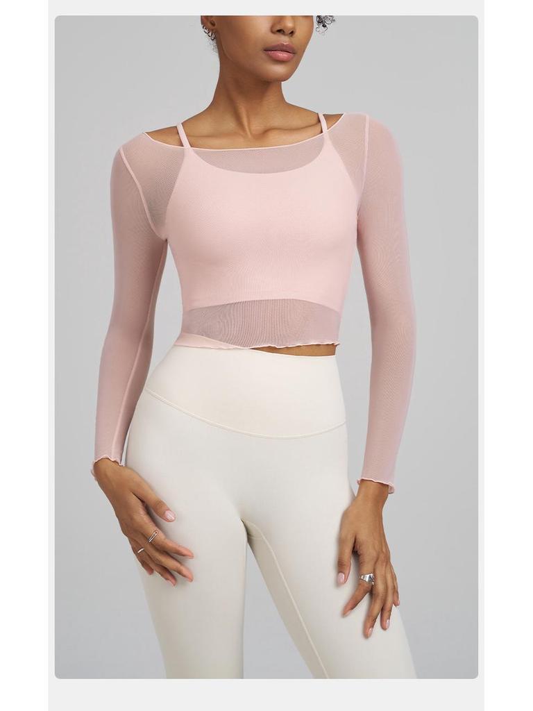 Joomon Mesh Yoga Set: Two-Piece Long Sleeve Quick-Dry Camisole with Integrated Cup Sports Bra
