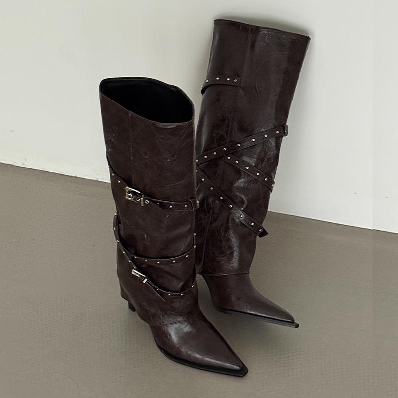 

Designer Pointed Toe Women Knee High top New Heels Winter Fashion Pumps Goth Casual Woman Chelsea Boots Long Botas 36