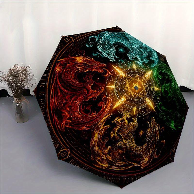Four Elements Dragons: Mystical Yin-Yang Symbol Art PrintUmbrella with Cute Design, Portable 3-Fold Compact Umbrella for Men & Women, Valentine's Day