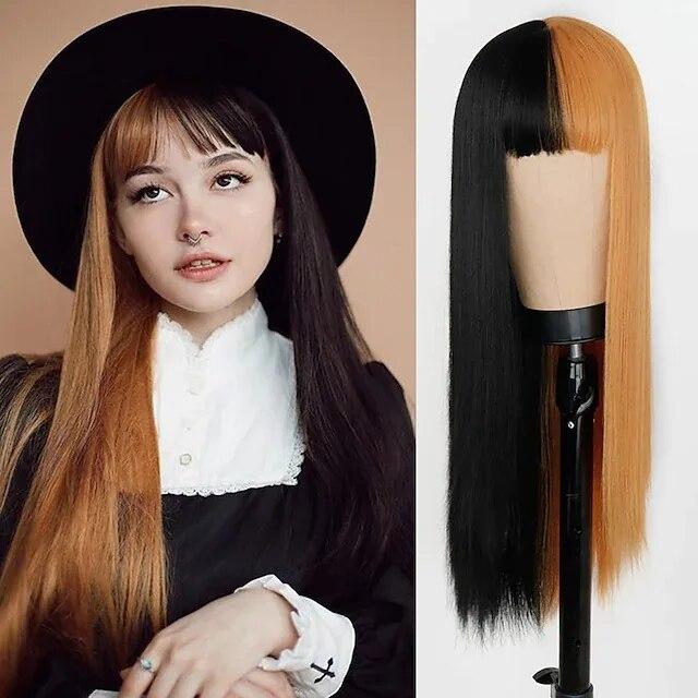 Similler Women Synthetic Hair Long Straight Heat Resistant Wig Pink and Black Red White Split Dye Wigs with Bangs