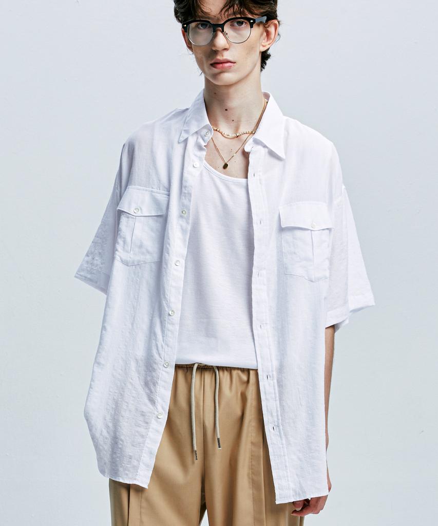 SSY [2Pack] Washed Check Linen 2-Pocket Loose Fit Half Shirt
