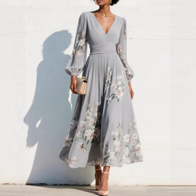 European and American women's clothing new digital printing flower V-neck pleated long-sleeved dress women