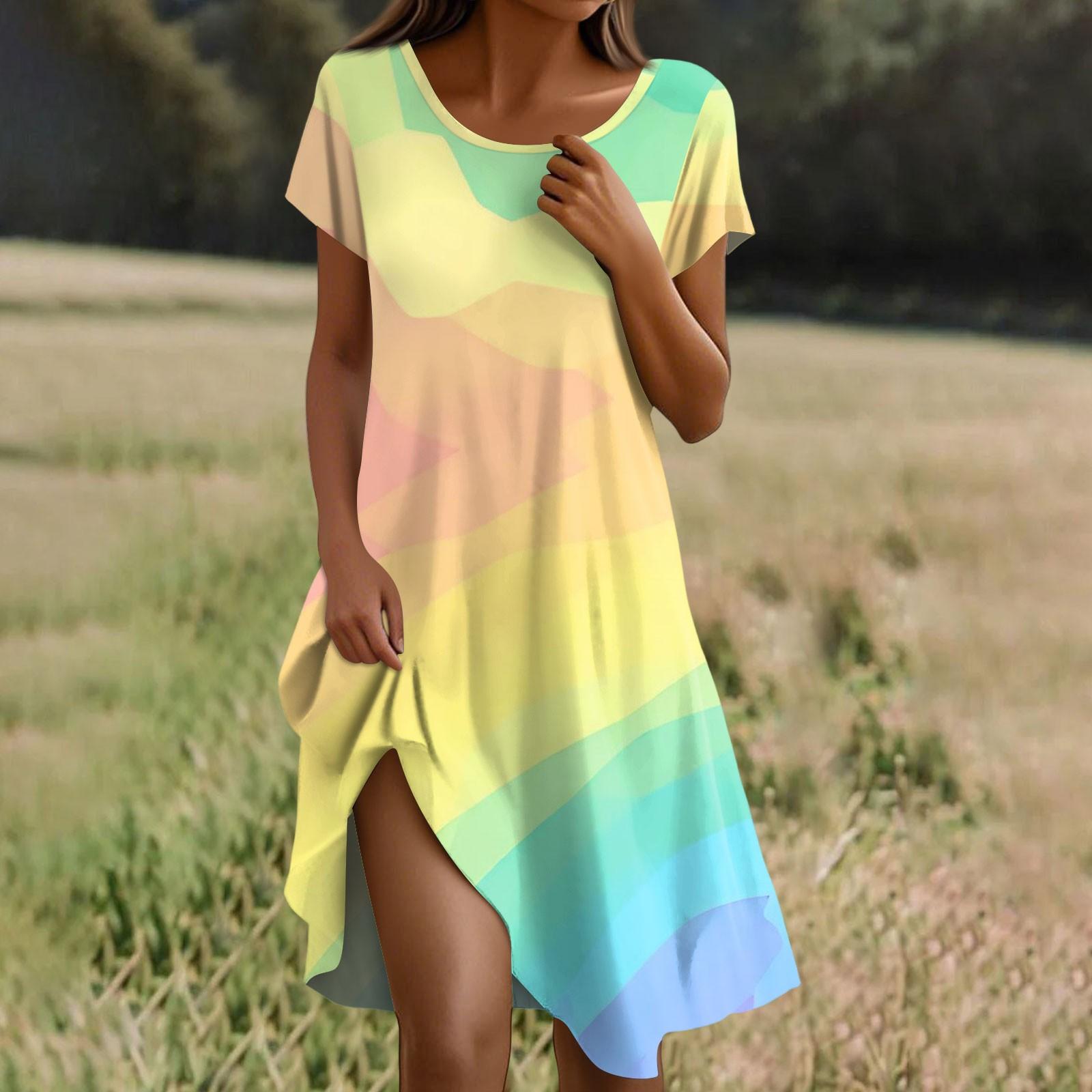 

Платье бохо с коротким рукавом для женщин, повседневное, свободного кроя, летний сарафан, платье с текстурным принтом и карманами XL жёлтый