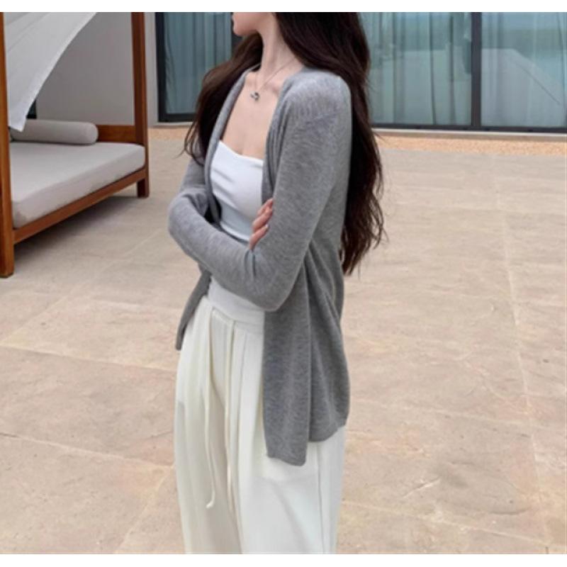 

Новый трикотажный розовый кардиган средней длины для женщин, весенне-летний ленивый тонкий свитер-жакет с длинными рукавами и топом one size fits all серый