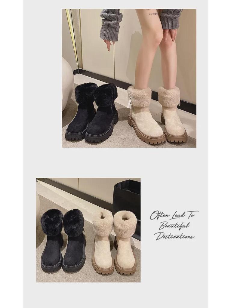 Women's Furry Snow Boots with Side Zipper and Thick Sole