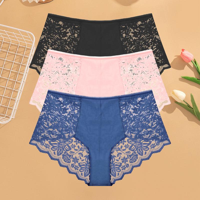 3Pcs Women's Lace Panties Sexy Hollow Out Boyshort Underwear Transparent Floral Underpants Girls Tempting Lingerie S-XXL
