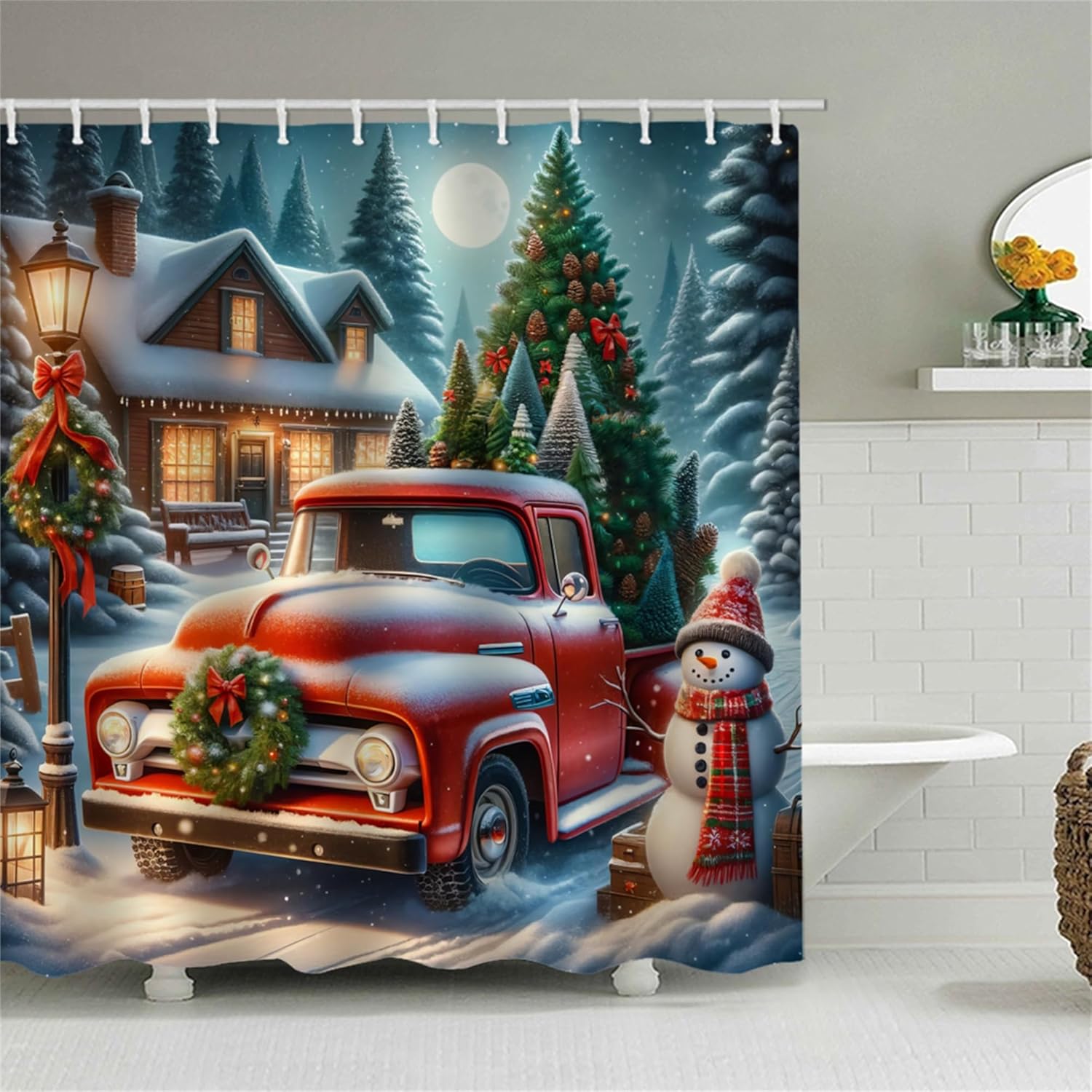 

Fabric Christmas Shower Curtain Set- Vintage Xmas Tree Fireplace Winter Holiday Bath Bathroom Decor Curtain Polyester,Washable W60H190(CM)-1 Pcs