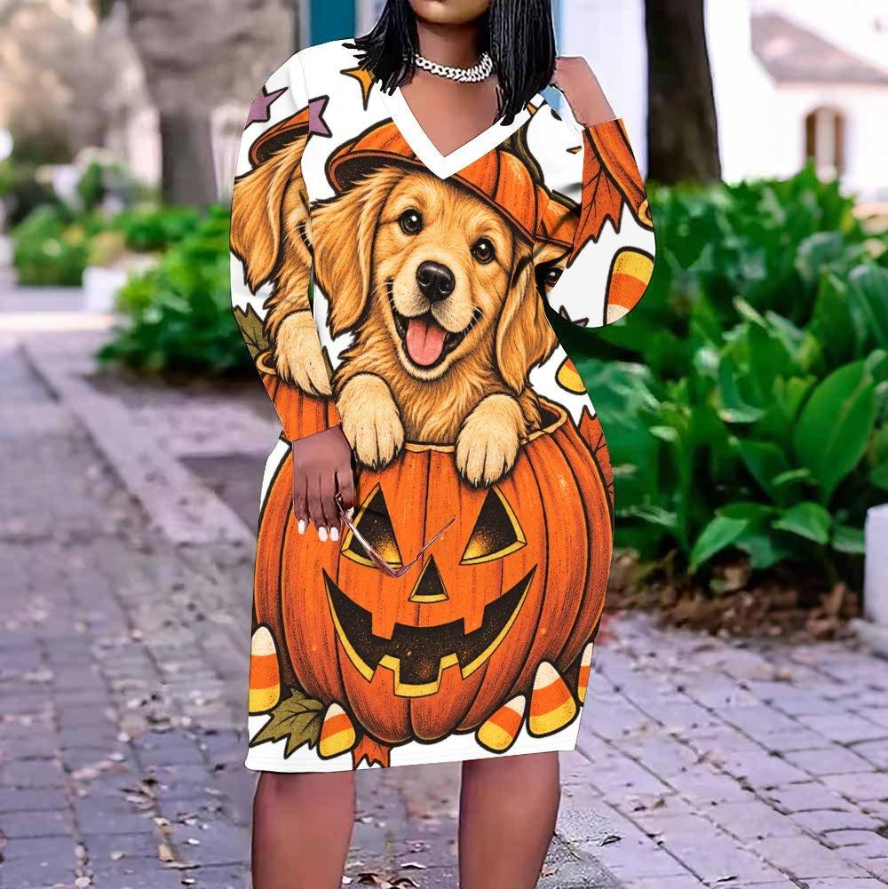 Women Plus Size V Neck Long Sleeve White Printed Straight Dress Cute Witch Raccoon Pumpkin Pattern
