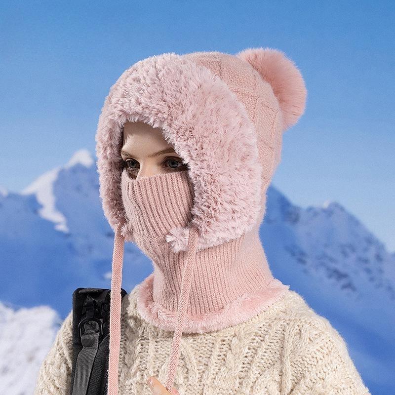 Winter Velvet Knitted Wool Hat Women's Ear Protection Hat Mask Scarf Integrated Thermal Pullover Hat