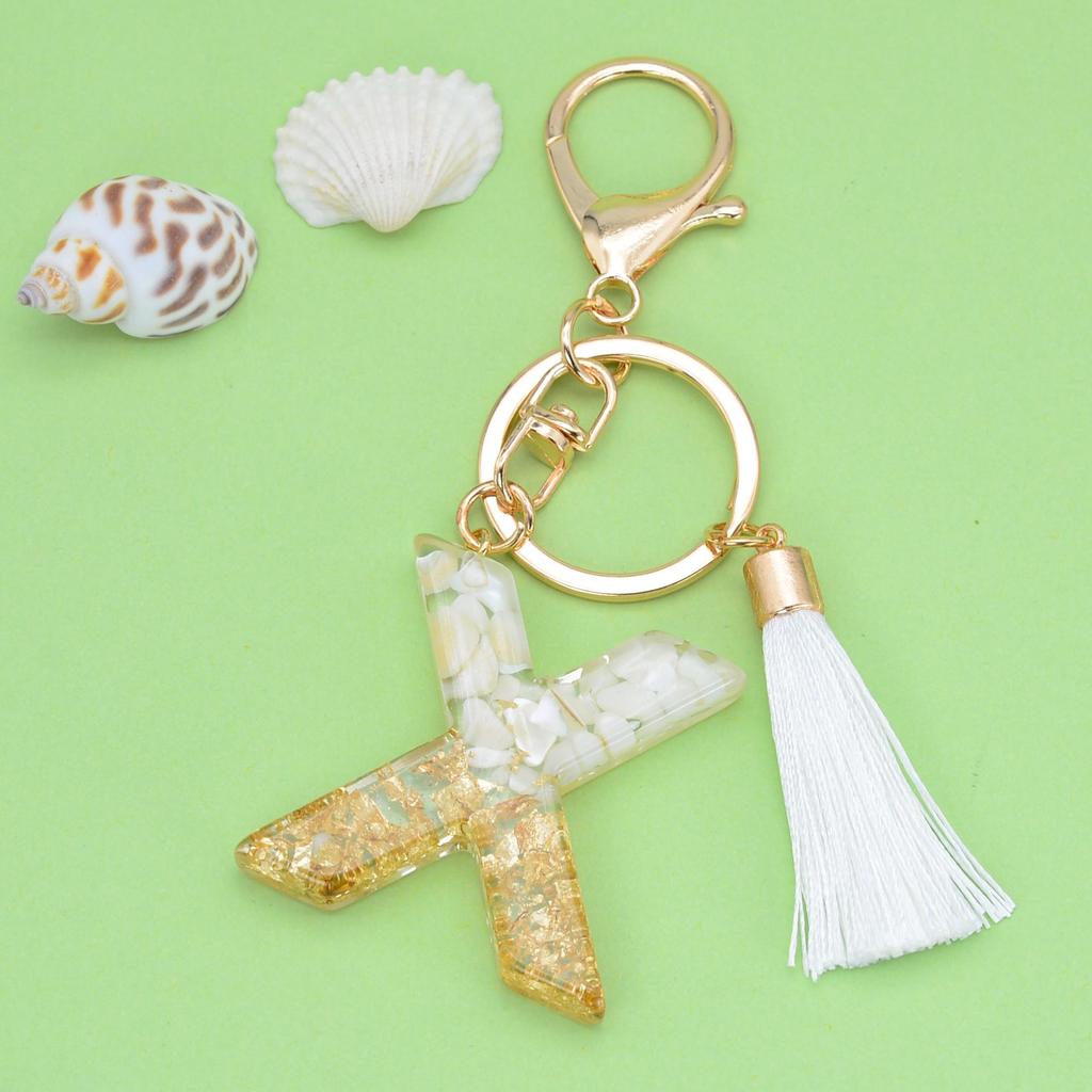 Trendy White Tassel Letter Keychain with Crystal Pendant