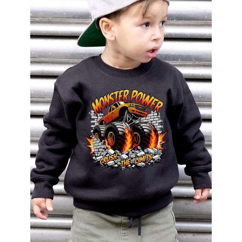 European sizes Kids' Stylish Fleece Sweatshirt with MONSTER POWER CRUSH THE LIMITS Truck Cartoon Print, Loose Fit, Casual Long Sleeves