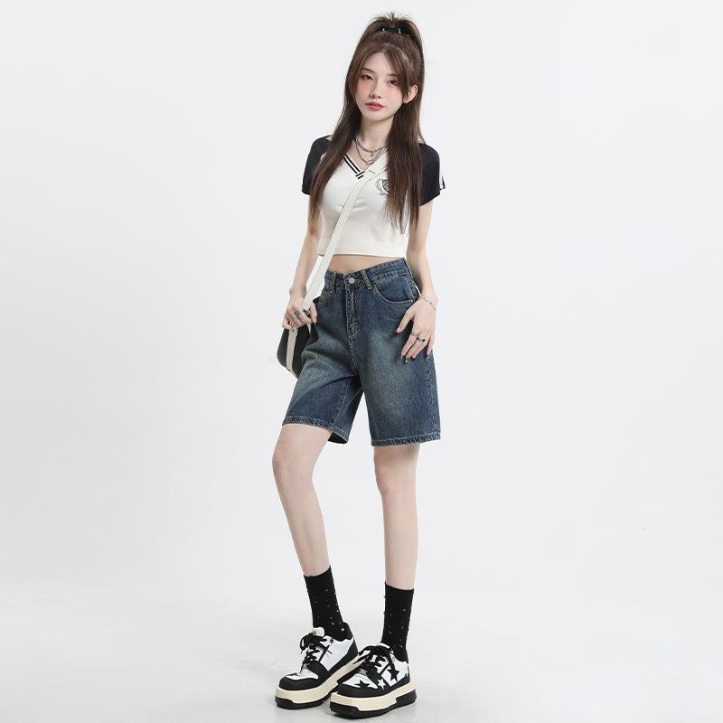Retro Blue Denim Shorts Women's Summer Thin Five-point Pants Straight Loose High Waist All-match Pants