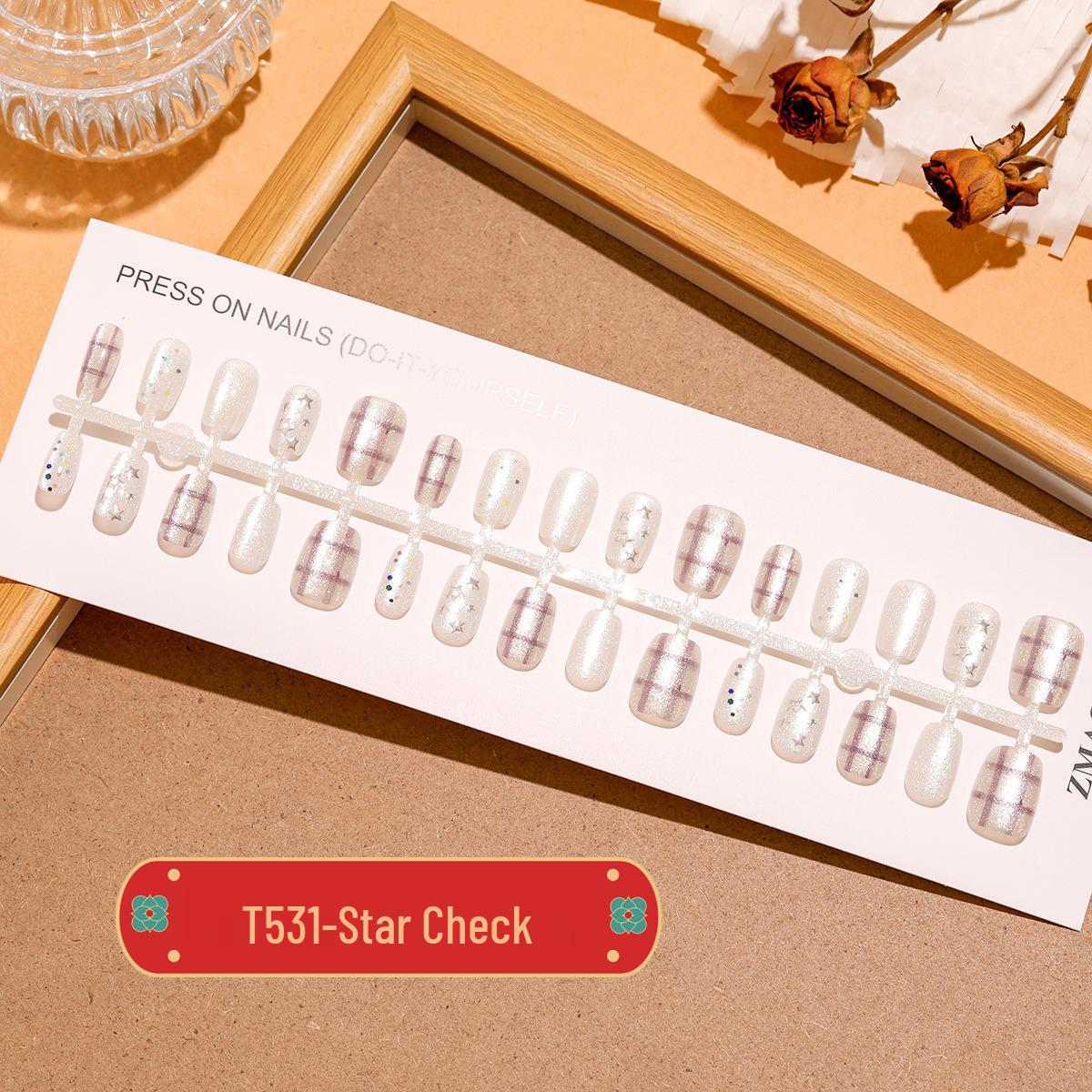 

T531# Star Plaid Short Cat Eye Wearable Silver & White Nails - 30 Pcs Whole XS/S/M