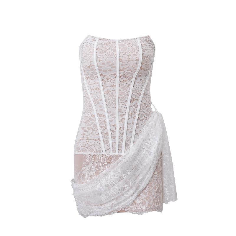 Autumn new women s clothing sexy lace mesh one-word shoulder tube top micro-transparent slim dress women S
