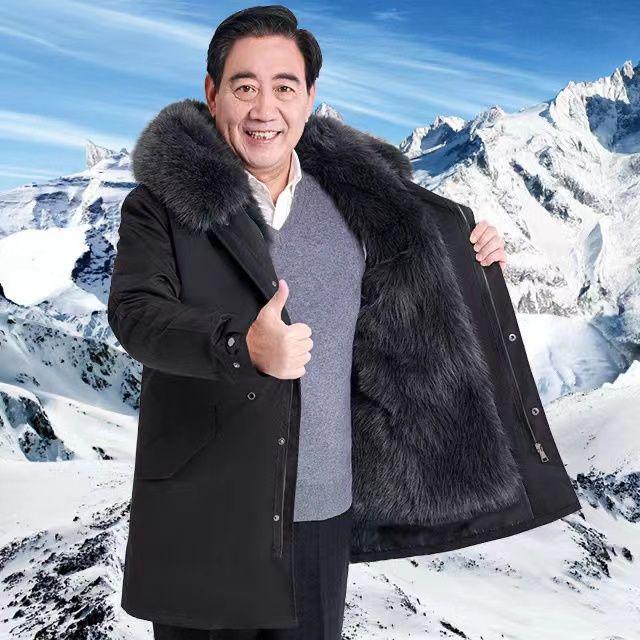 Men's Mid-Length Thickened Parka with Removable Fox Fur Liner and Fur Lining - Winter Coat
