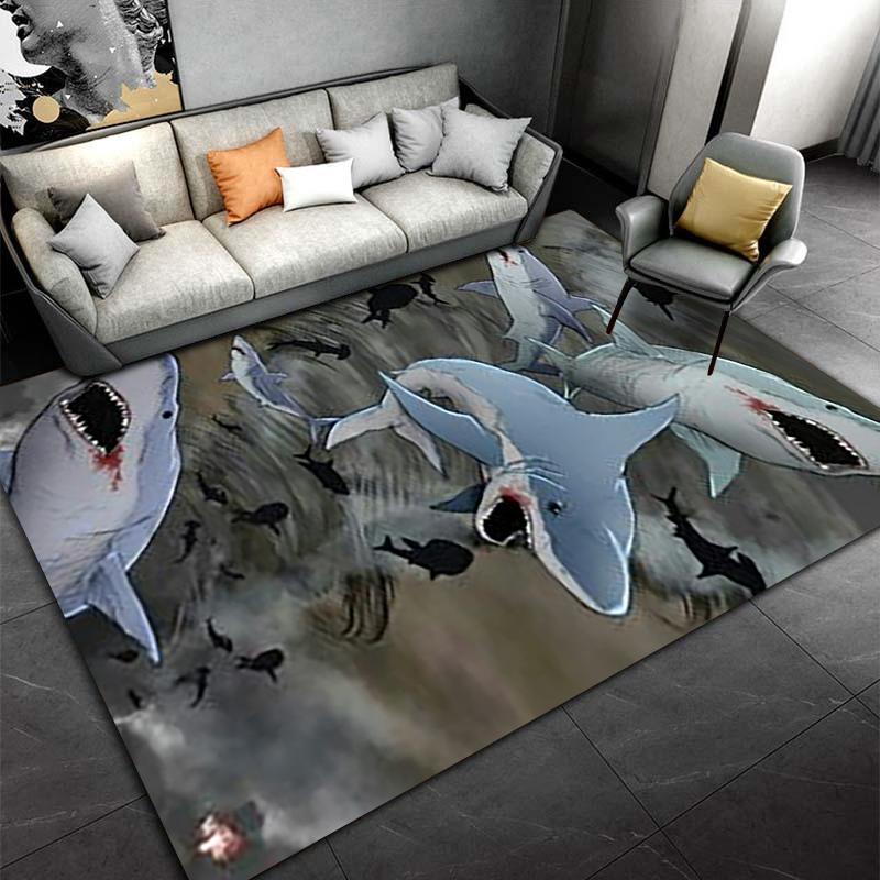 Shark Attack Pattern Carpet with Ocean Theme and Realistic Design Suitable for use as an anti-slip for living room bedroom sofas